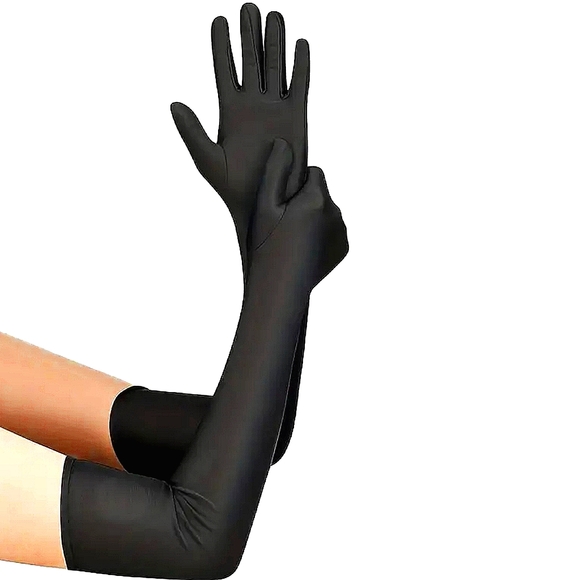 Black Satin Gloves Opera Length Above Elbow Elegant Feminine Luxury Classy NWT. - Picture 1 of 1
